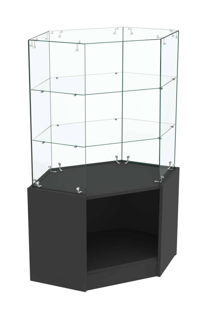 Узкий стеклянный прилавок СЛИМ №117 угловой с двумя полками  Черный