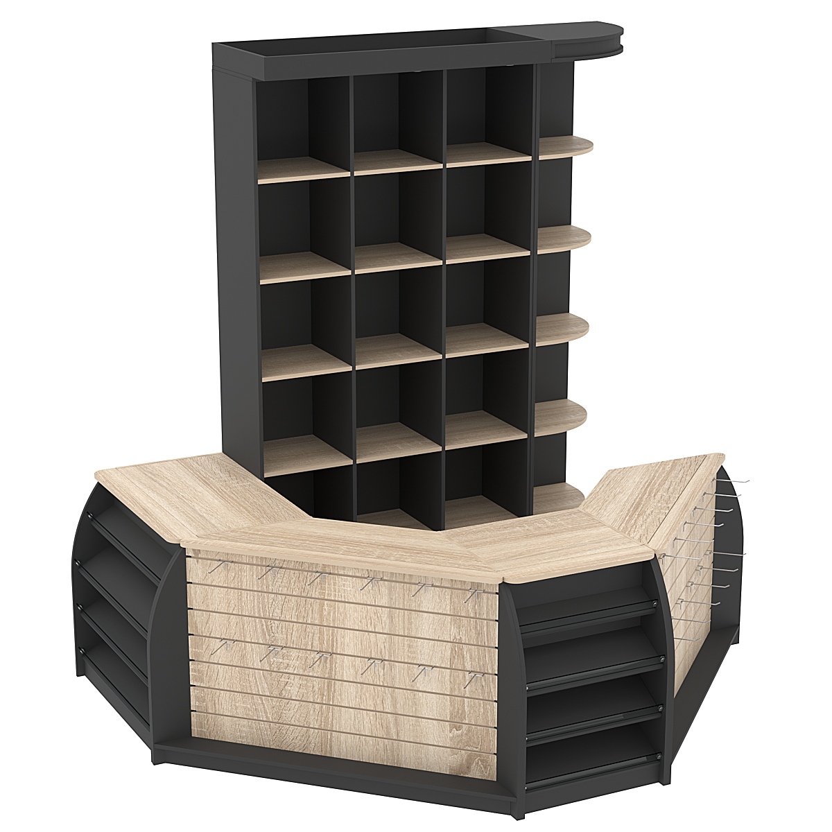 Комплект кассовой зоны со стеллажами - ячейками и подсветкой №1-1 Черный + Дуб Сонома