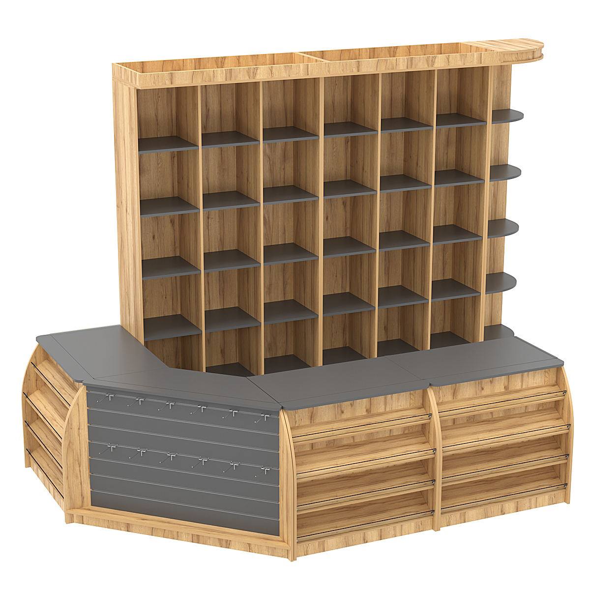 Комплект кассовой зоны со стеллажами - ячейками средний №2 Дуб Золотистый и Темно-Серый