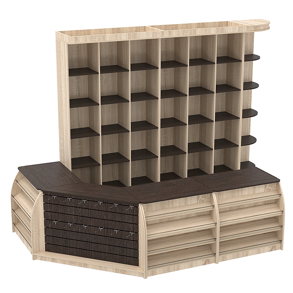Комплект кассовой зоны со стеллажами - ячейками средний №2 Дуб Сонома + Дуб Венге