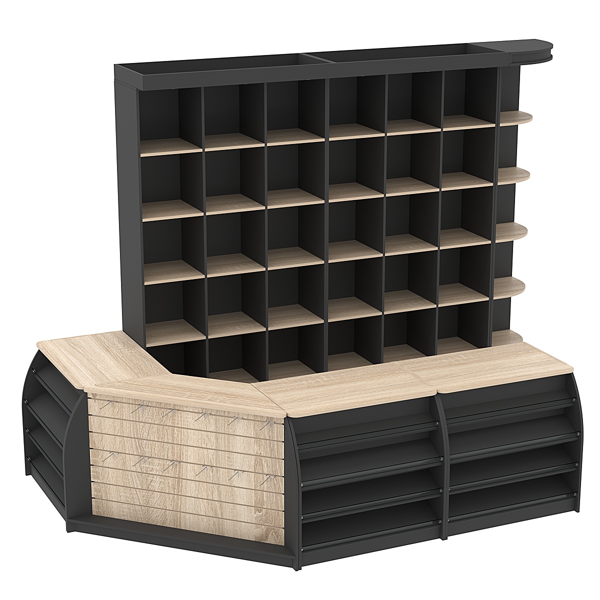 Комплект кассовой зоны со стеллажами - ячейками средний №2 Черный + Дуб Сонома