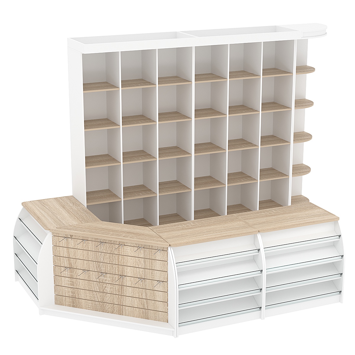 Комплект кассовой зоны со стеллажами - ячейками средний №2 Белый + Дуб Сонома