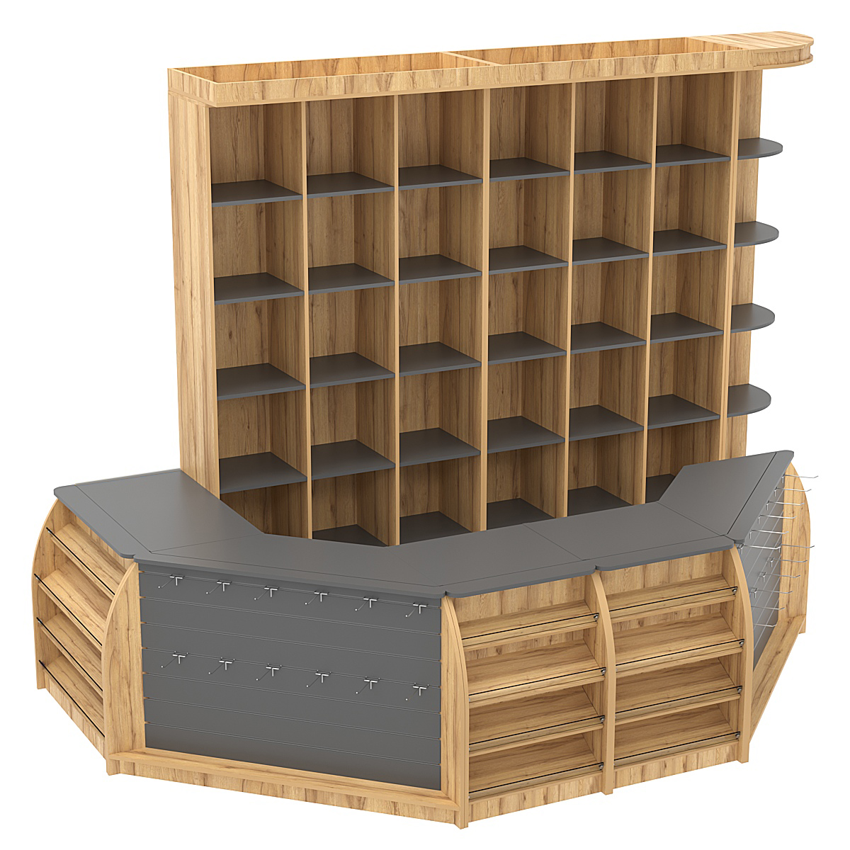 Комплект кассовой зоны со стеллажами - ячейками средний с фризом №2-1 Дуб Золотистый и Темно-Серый