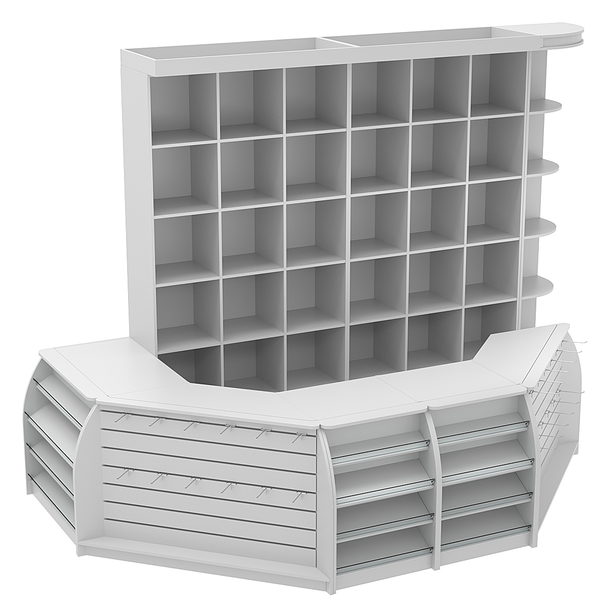 Комплект кассовой зоны со стеллажами - ячейками средний с фризом №2-1 Серый