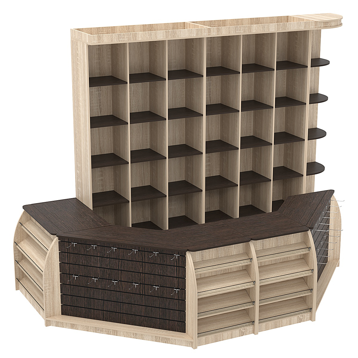 Комплект кассовой зоны со стеллажами - ячейками средний с фризом №2-1 Дуб Сонома + Дуб Венге