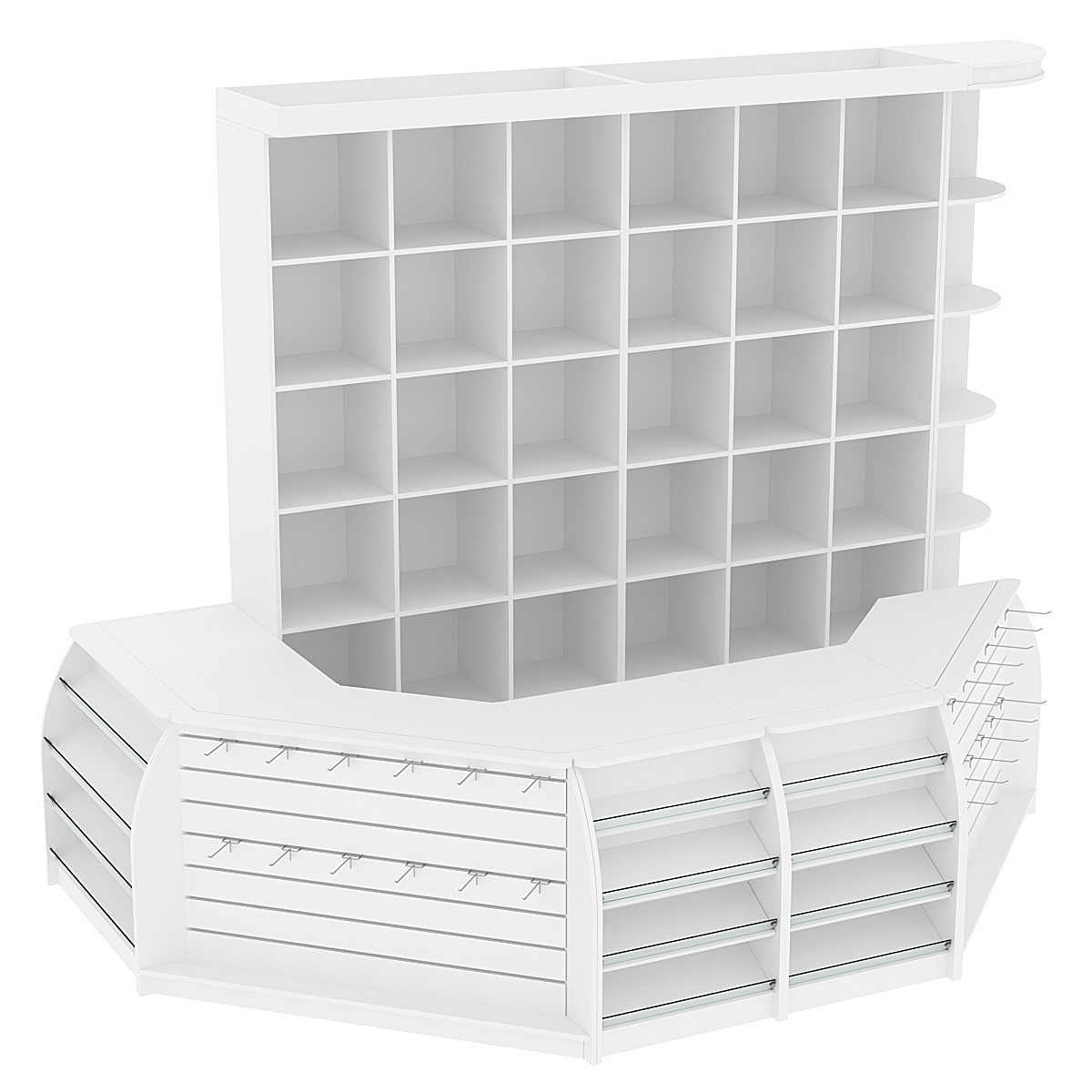 Комплект кассовой зоны со стеллажами - ячейками средний с фризом №2-1 Белый
