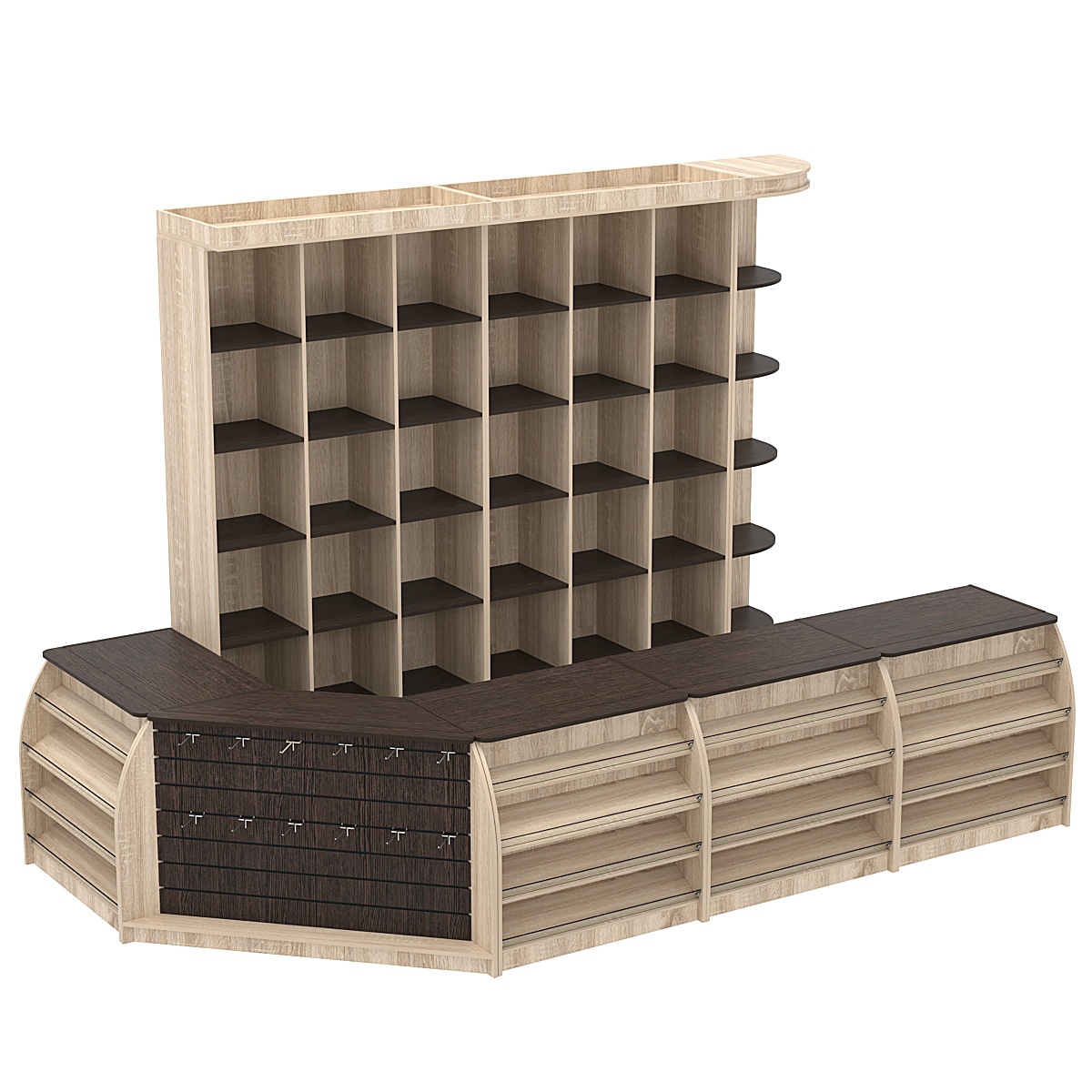 Комплект кассовой зоны со стеллажами - ячейками большой №3 Дуб Сонома + Дуб Венге