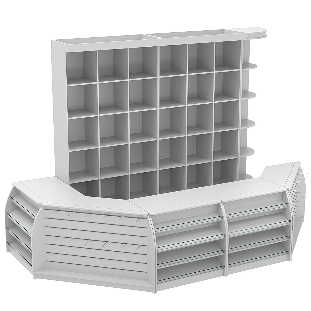 Комплект кассовой зоны со стеллажами - ячейками большой с фризом №3-1 Серый