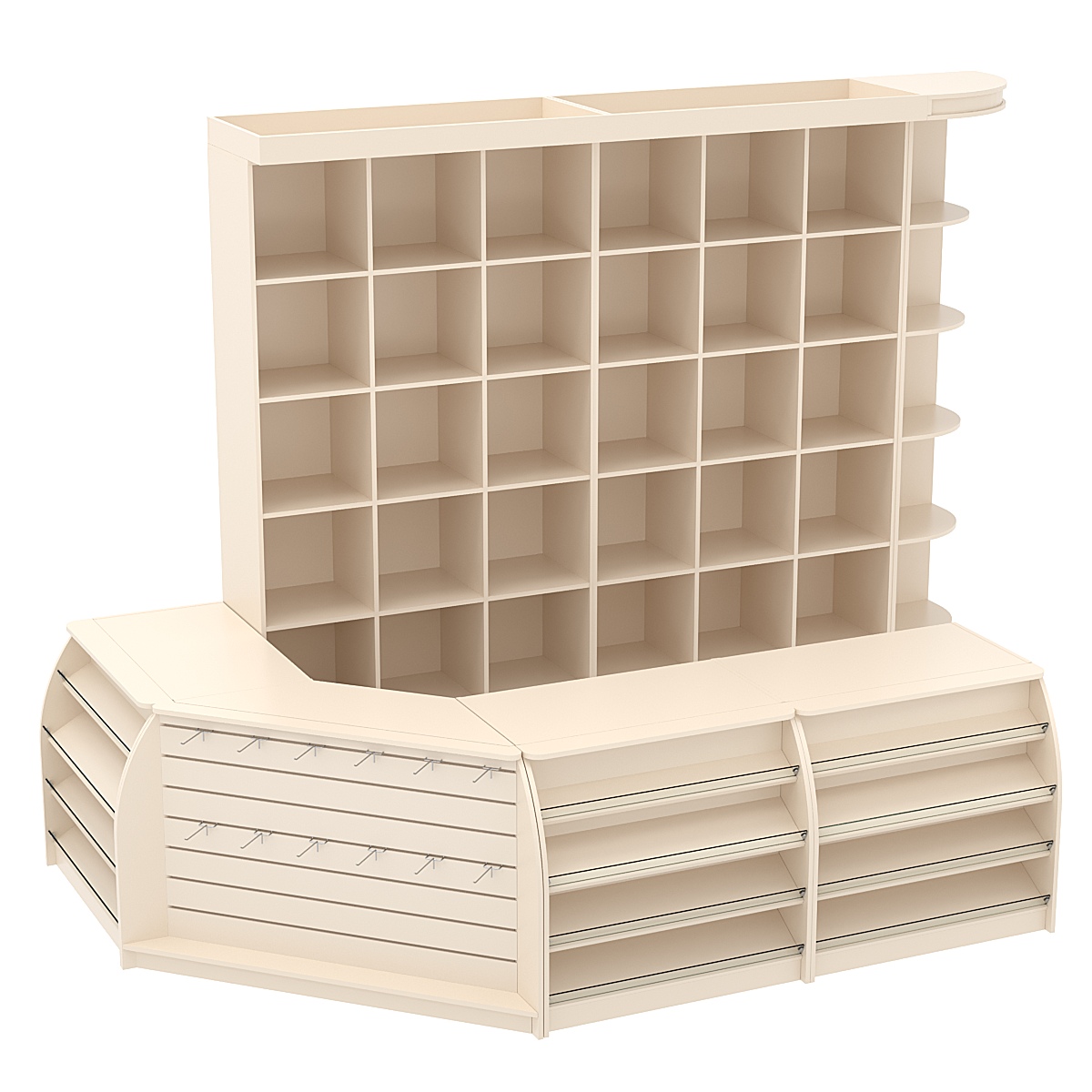 Комплект кассовой зоны со стеллажами - ячейками большой с фризом №3-1 Крем Вайс