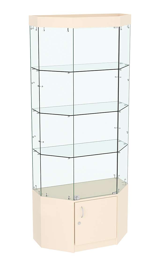 Стеклянная витрина Истра Трапеция с тремя полками и подсветкой №801 Крем Вайс