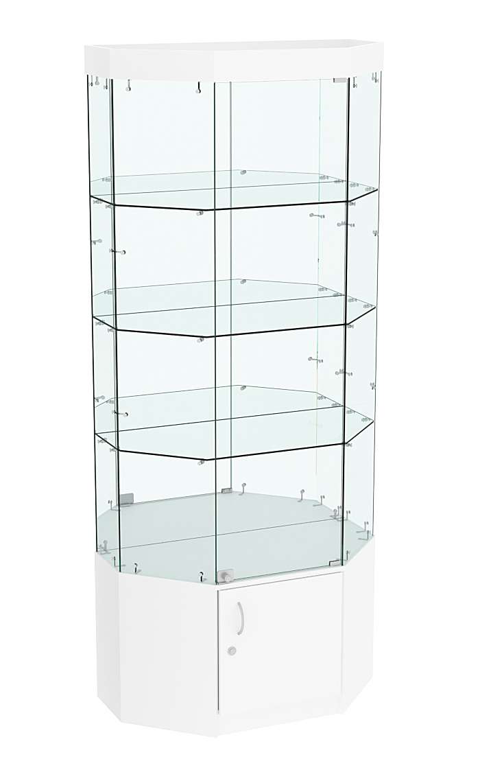 Стеклянная витрина Истра Трапеция с тремя полками и зеркалом №803 Белый