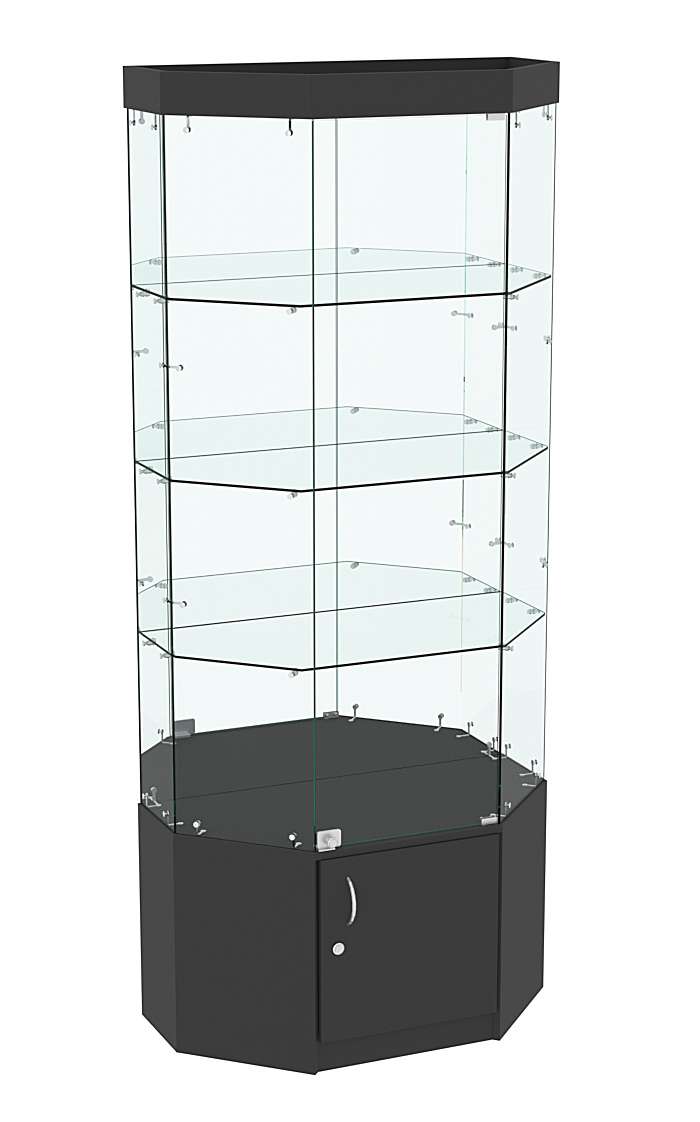 Стеклянная витрина Истра Трапеция с тремя полками и зеркалом №803 Черный