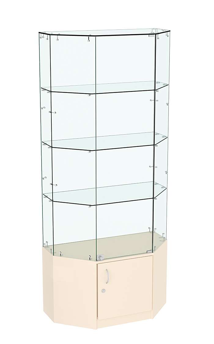 Стеклянная витрина Истра Трапеция с тремя полками и прозрачным верхом №805 Крем Вайс