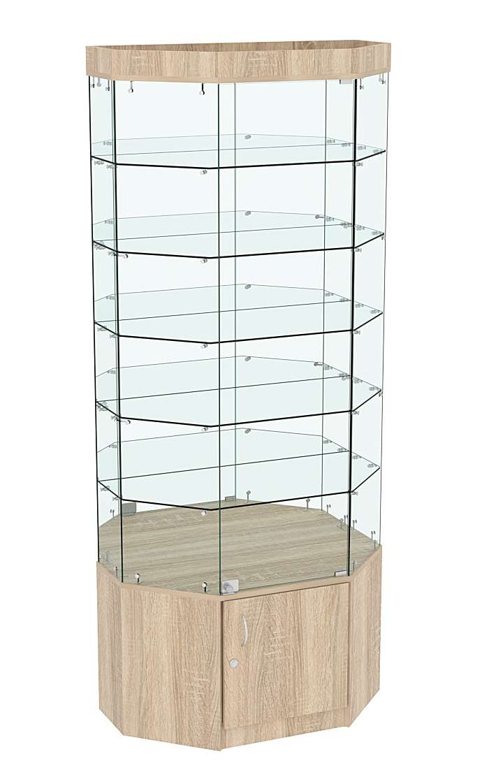 Стеклянная витрина Истра Трапеция с пятью полками и зеркалом №823 Дуб сонома