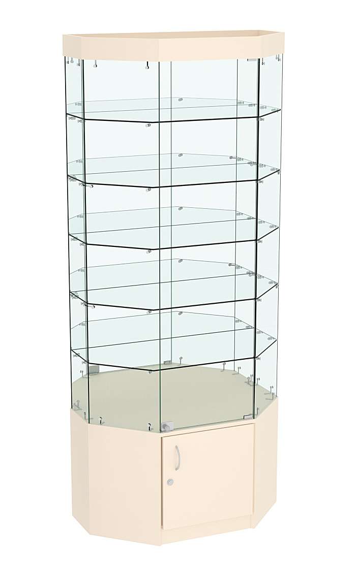 Стеклянная витрина Истра Трапеция с пятью полками и зеркалом №823 Крем Вайс