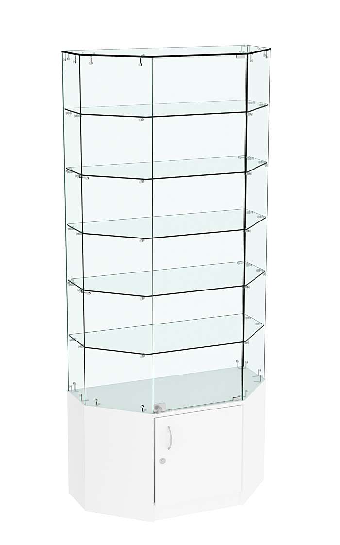 Стеклянная витрина Истра Трапеция с пятью полками и прозрачным верхом №825 Белый