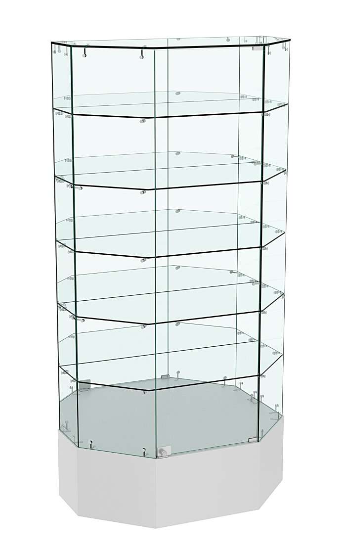 Стеклянная витрина Истра Трапеция с пятью полками и зеркальной стенкой №841 Серый