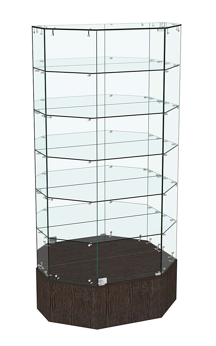 Стеклянная витрина Истра Трапеция с пятью полками и зеркальной стенкой №841 Дуб Венге