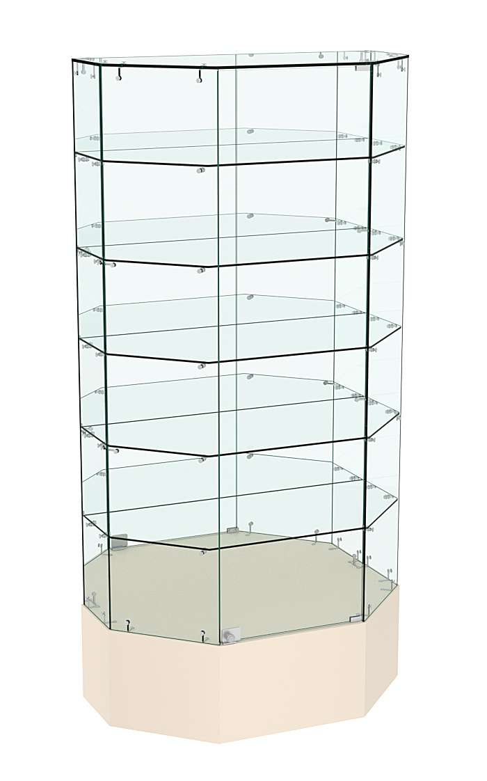 Стеклянная витрина Истра Трапеция с пятью полками и зеркальной стенкой №841 Крем Вайс