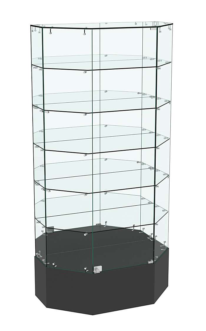 Стеклянная витрина Истра Трапеция с пятью полками и зеркальной стенкой №841 Черный