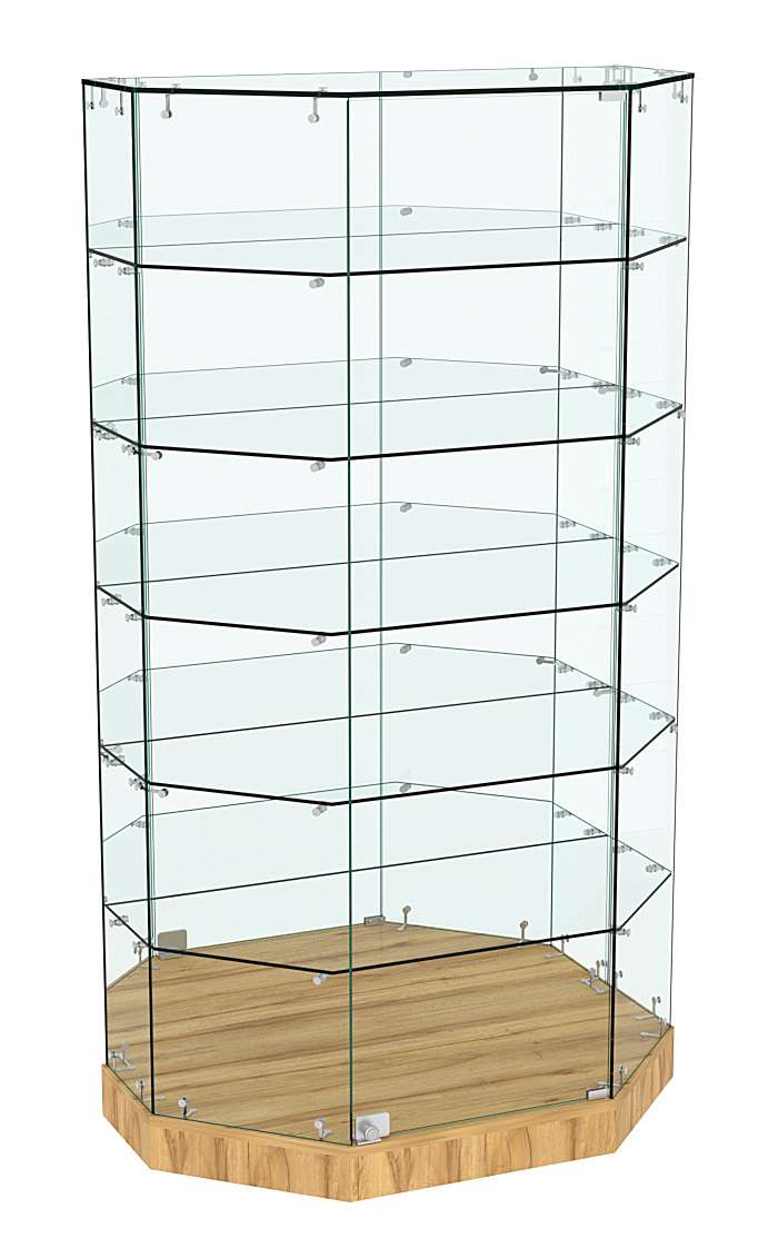 Стеклянная витрина Хит Продаж Трапеция с пятью полками и зеркальной стенкой малая  №857 Дуб Золотистый