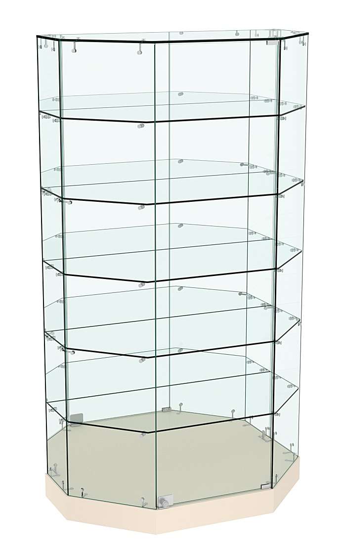 Стеклянная витрина Хит Продаж Трапеция с пятью полками и зеркальной стенкой малая  №857 Крем Вайс
