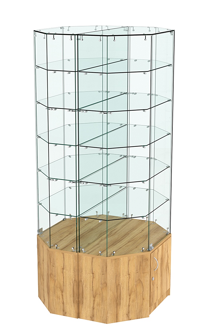 Стеклянная островная витрина с прозрачным верхом и пятью полками серии Истра №825-О Дуб Золотистый