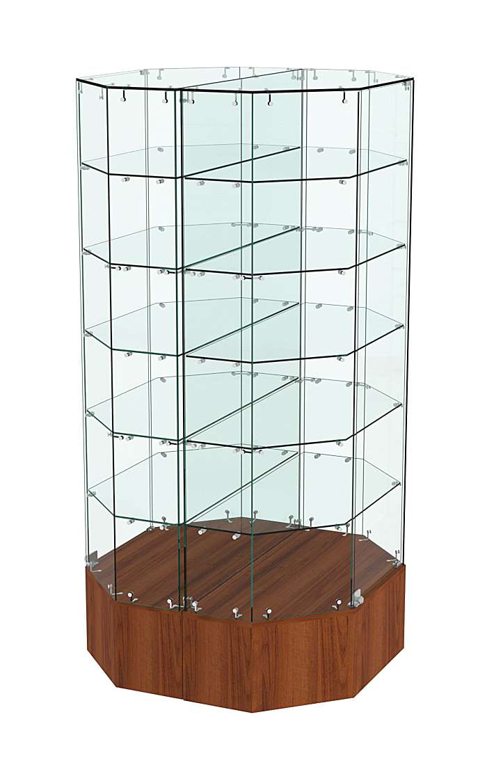 Стеклянная островная витрина с пятью полками на подиуме серии Истра №829-О Орех