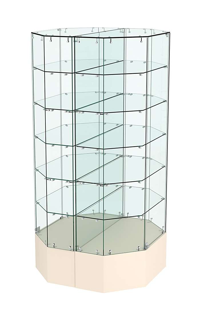 Стеклянная островная витрина с пятью полками на подиуме серии Истра №829-О Крем Вайс