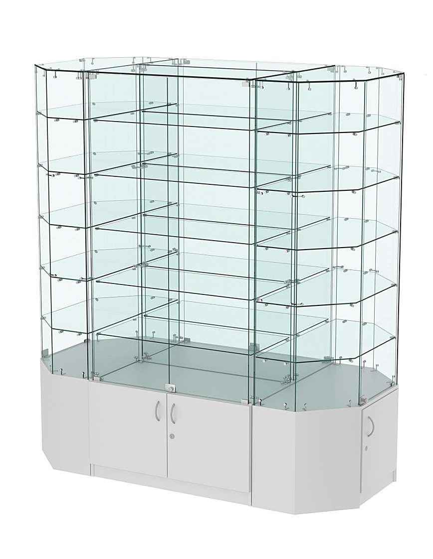 Стеклянная островная большая с накопителями витрина серии Истра №825-О-900 Серый
