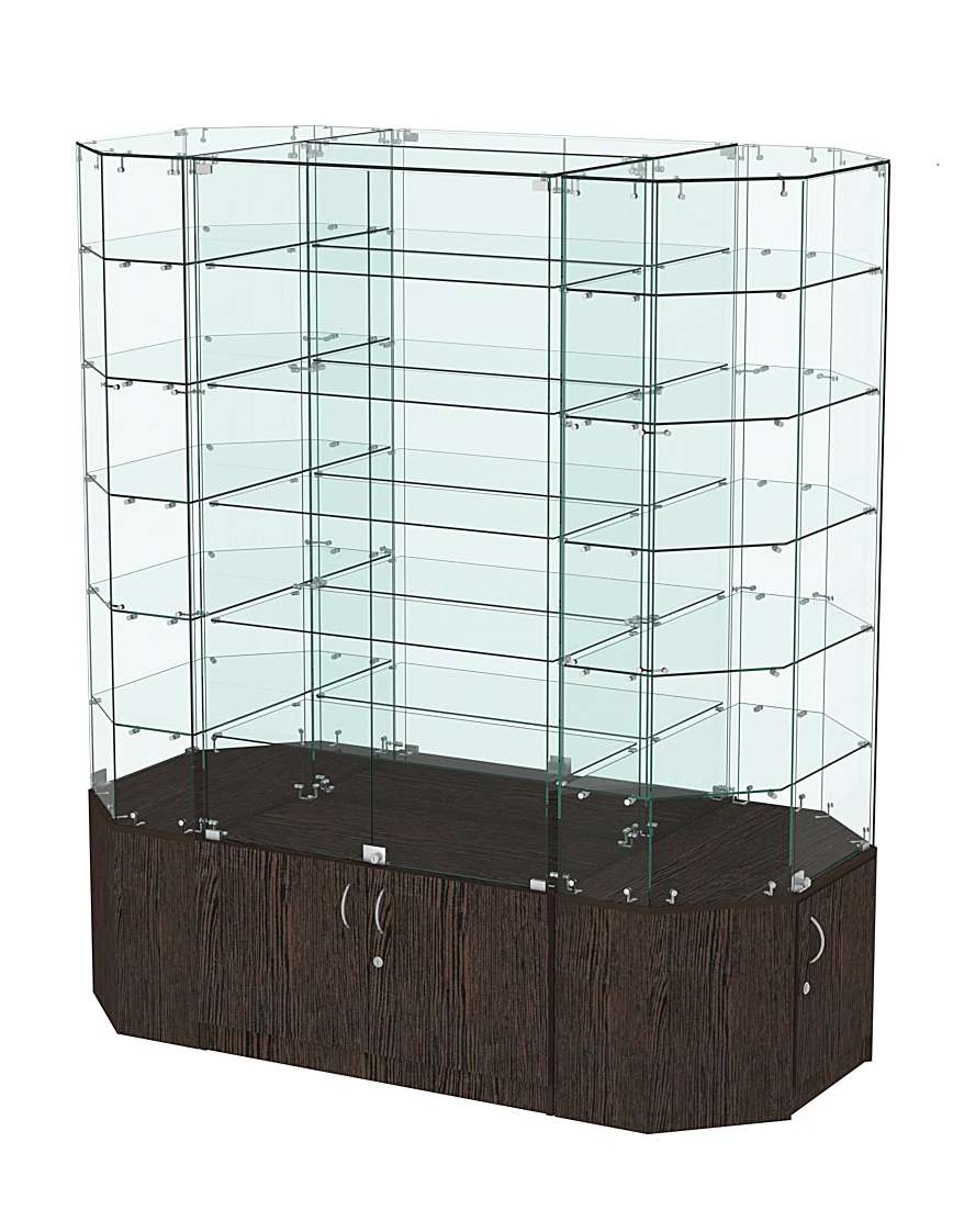 Стеклянная островная большая с накопителями витрина серии Истра №825-О-900 Дуб Венге