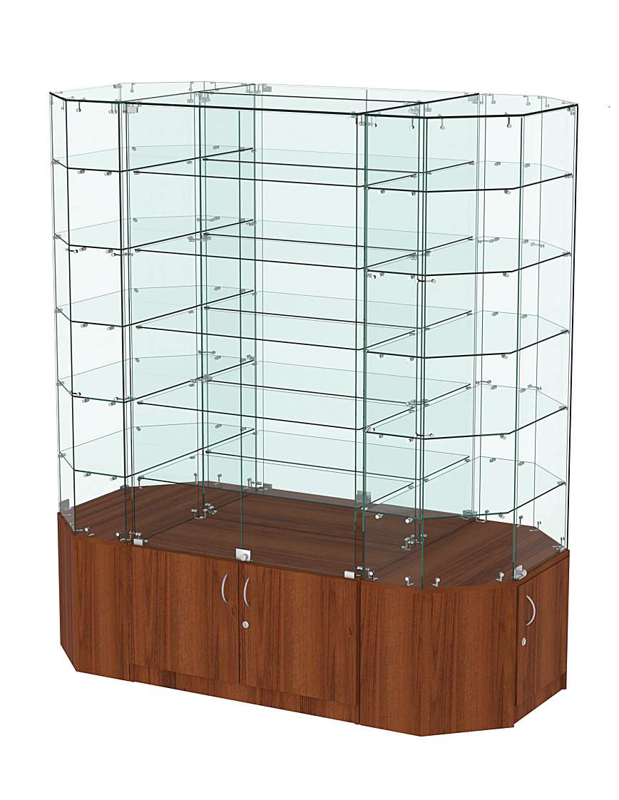 Стеклянная островная большая с накопителями витрина серии Истра №825-О-900 Орех