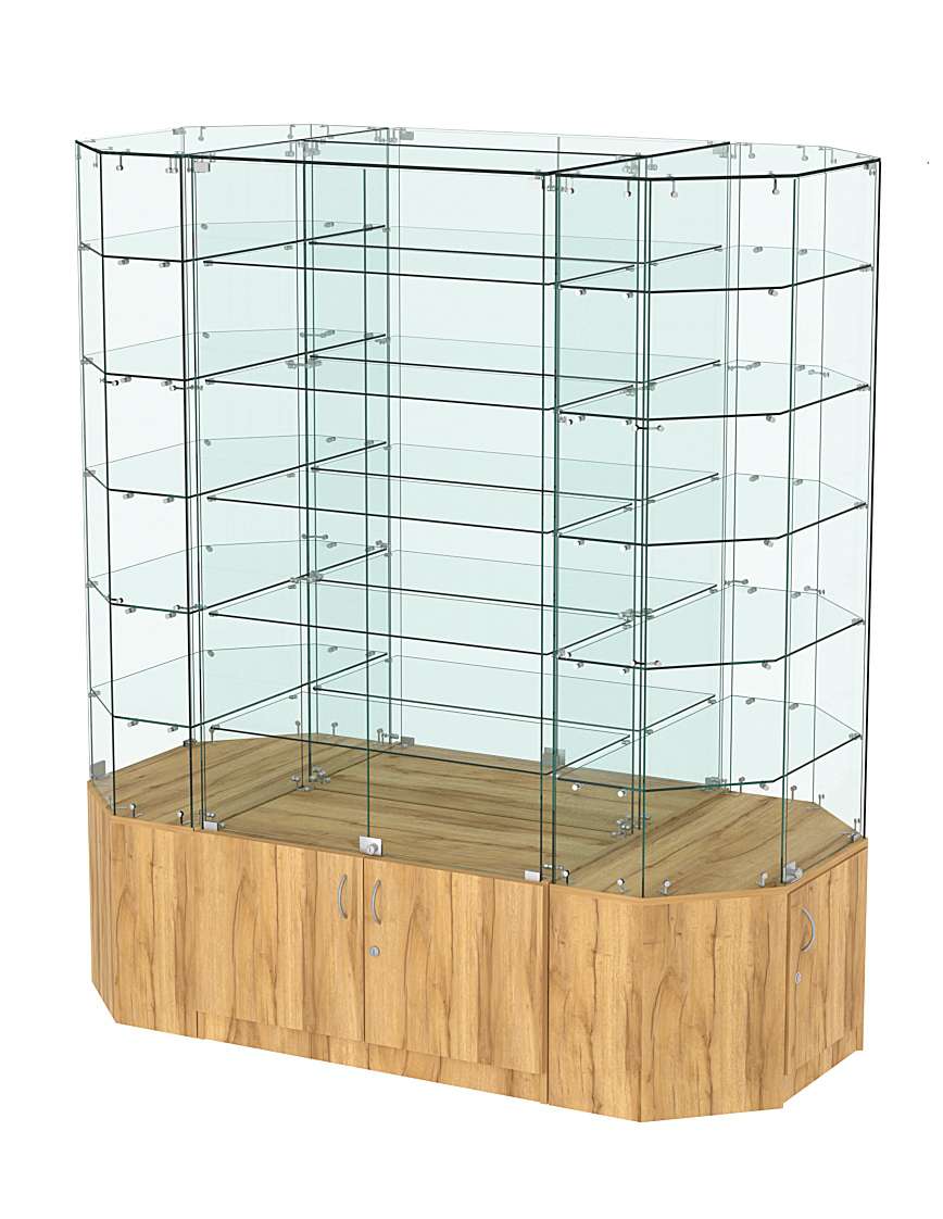 Стеклянная островная большая с накопителями витрина серии Истра №825-О-900 Дуб Золотистый