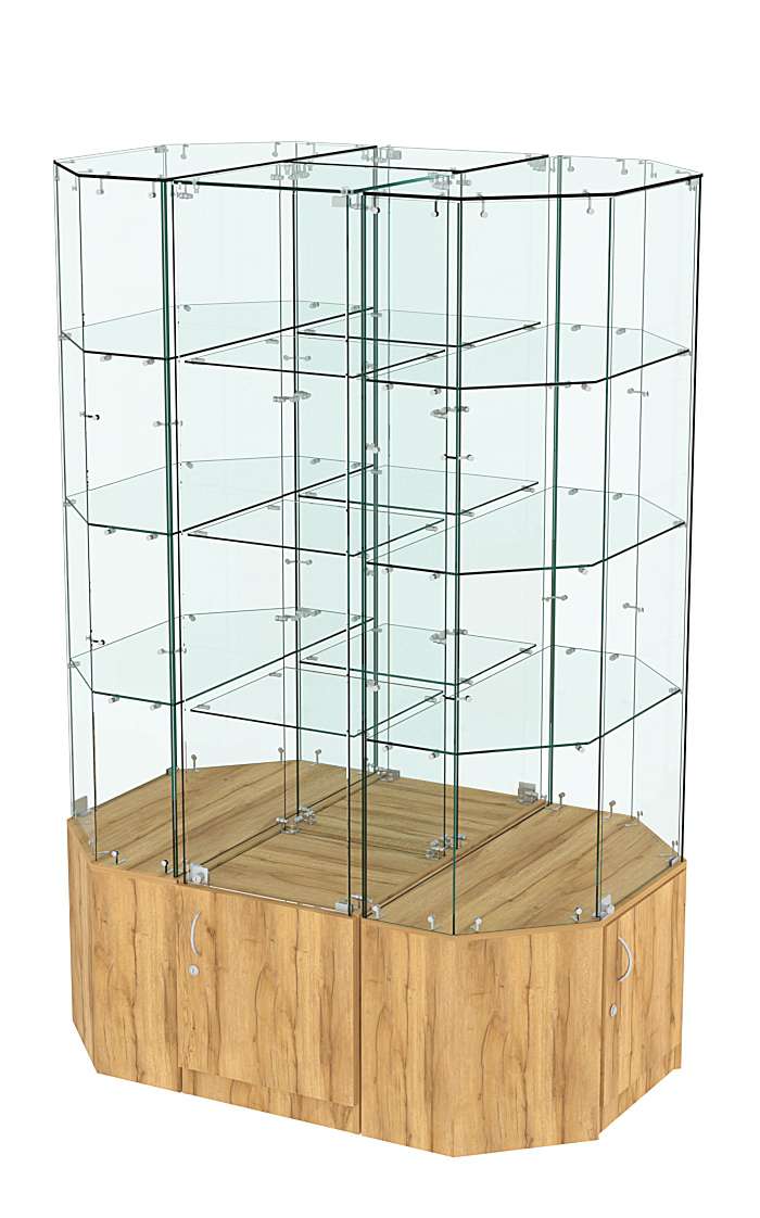 Стеклянная островная широкая с прозрачным верхом витрина серии Истра №805-О-450 Дуб Золотистый