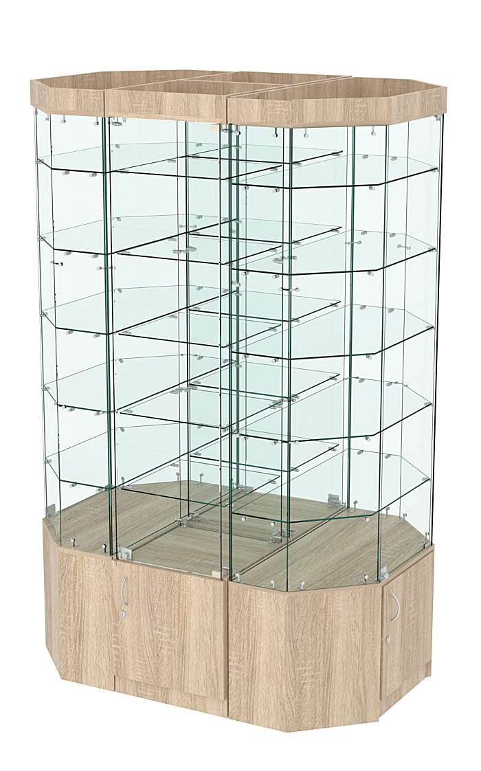 Стеклянная островная широкая с пятью полками витрина серии Истра №821-О-450 Дуб сонома