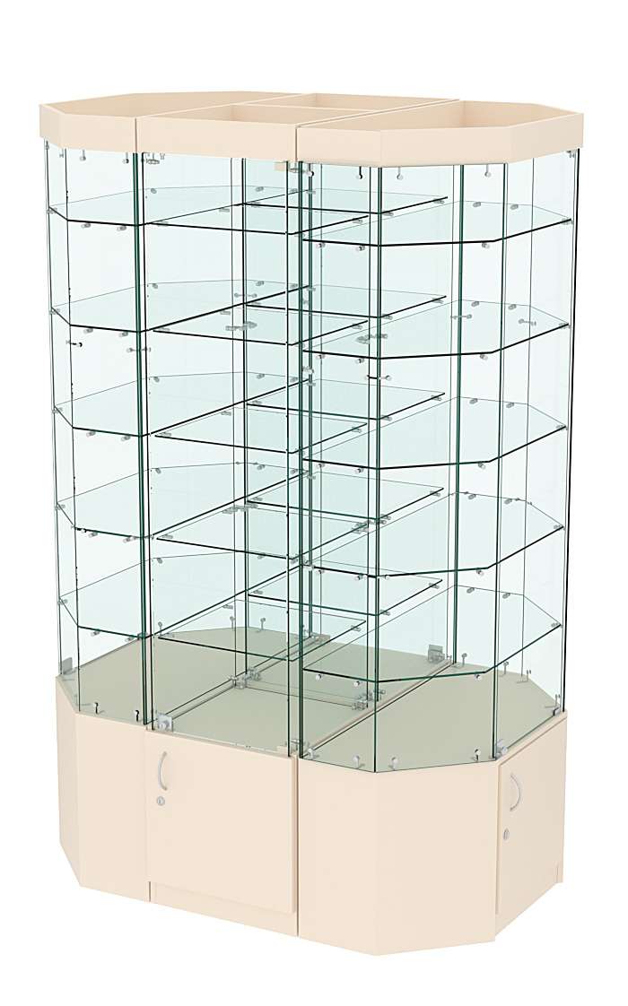 Стеклянная островная широкая с пятью полками витрина серии Истра №821-О-450 Крем Вайс