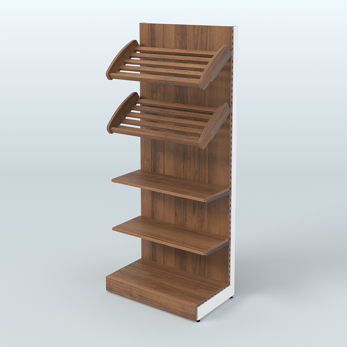 Торговый стеллаж высокий для продажи хлеба и выпечки с полками - корзинами СХ-2 Орех