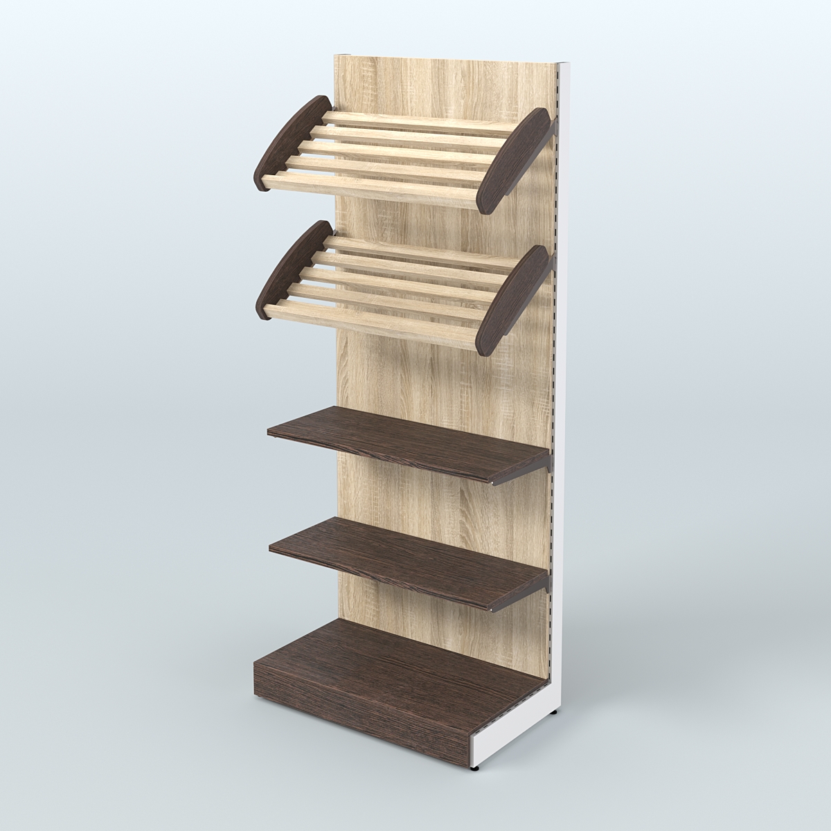 Торговый стеллаж высокий для продажи хлеба и выпечки с полками - корзинами СХ-2 Дуб Венге + Дуб Сонома