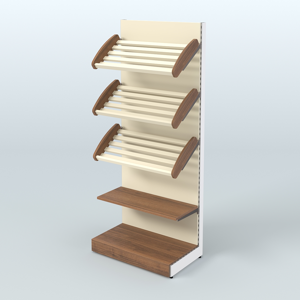 Торговый стеллаж с прямой полкой для продажи хлеба и выпечки с полками - корзинами СХ-3 Орех + Крем Вайс