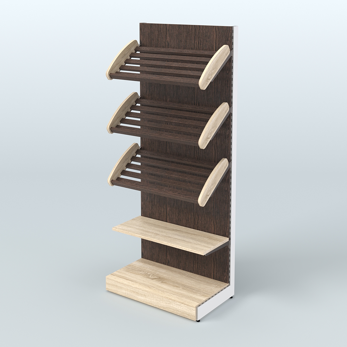 Торговый стеллаж с прямой полкой для продажи хлеба и выпечки с полками - корзинами СХ-3 Дуб Сонома + Дуб Венге