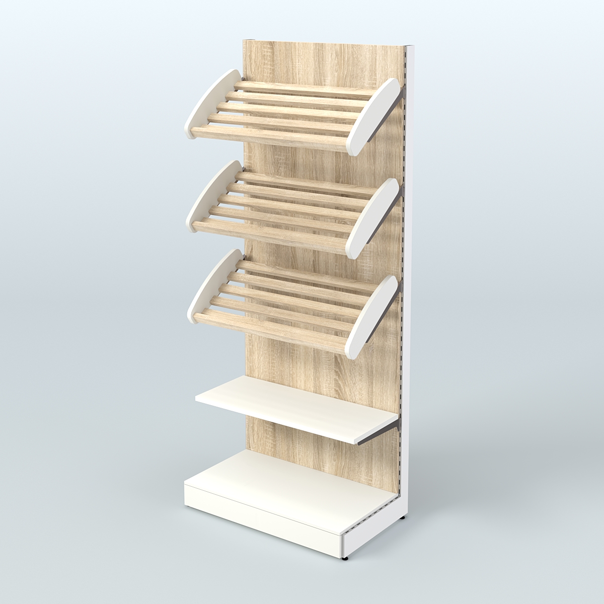 Торговый стеллаж с прямой полкой для продажи хлеба и выпечки с полками - корзинами СХ-3 Белый + Дуб Сонома