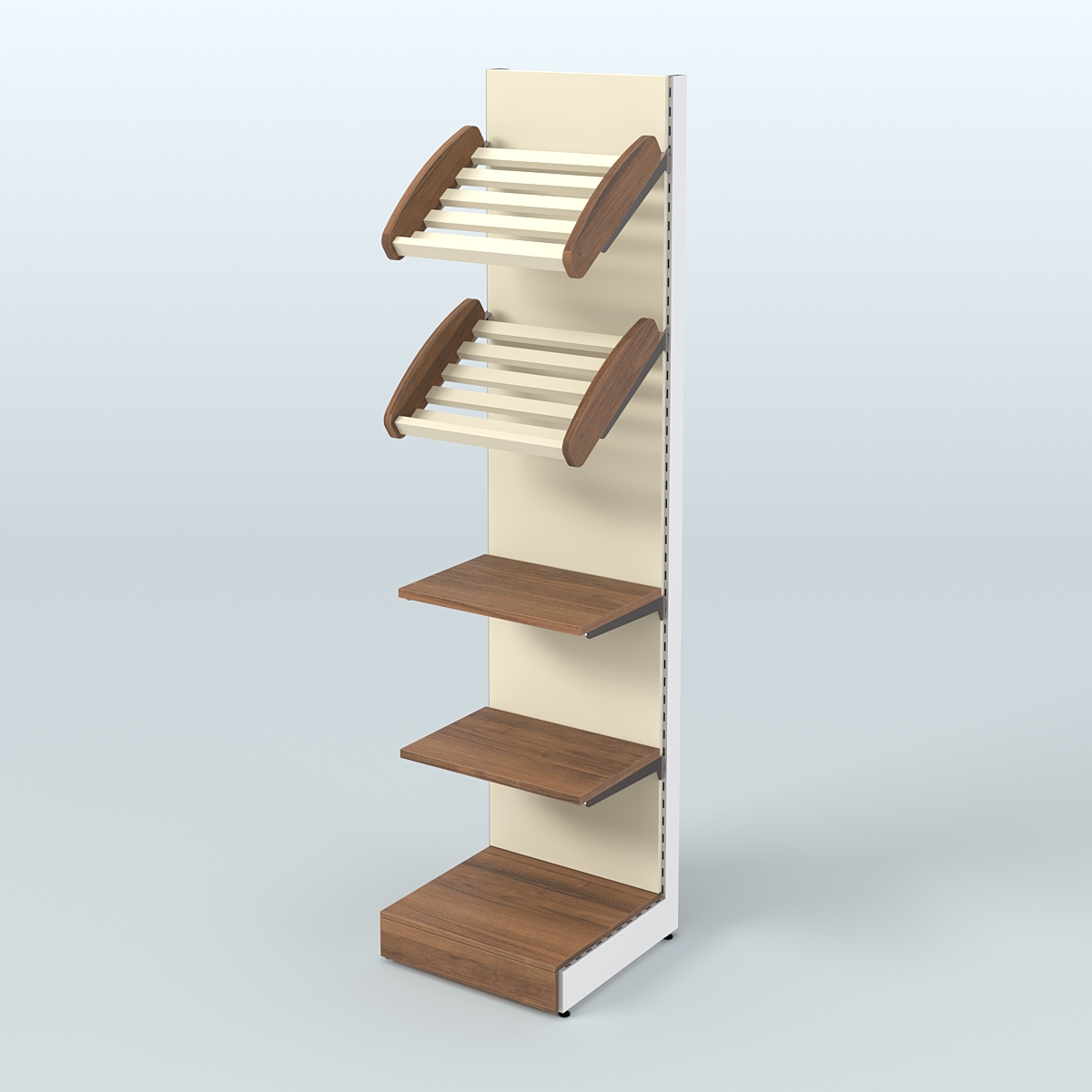 Торговый стеллаж малый для продажи хлеба и выпечки с полками - корзинами СХ-5 Орех + Крем Вайс