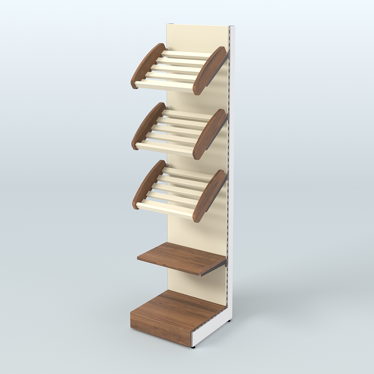 Торговый стеллаж пристенный для продажи хлеба и выпечки с полками - корзинами СХ-6 Орех + Крем Вайс