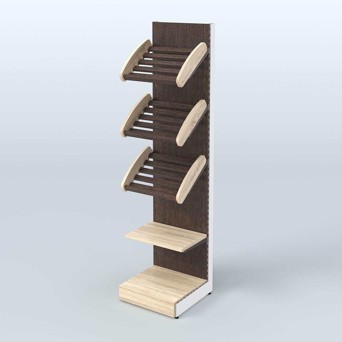 Торговый стеллаж пристенный для продажи хлеба и выпечки с полками - корзинами СХ-6 Дуб Сонома + Дуб Венге