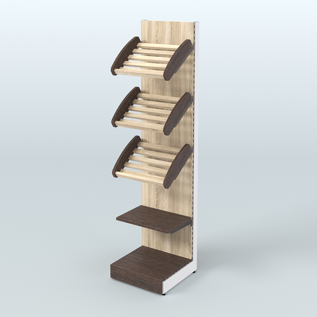 Торговый стеллаж пристенный для продажи хлеба и выпечки с полками - корзинами СХ-6 Дуб Венге + Дуб Сонома