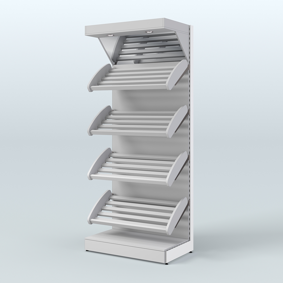 Стеллаж для продажи хлеба и выпечки с полками - корзинами и верхним зеркальным фризом СХФ-01 Серый