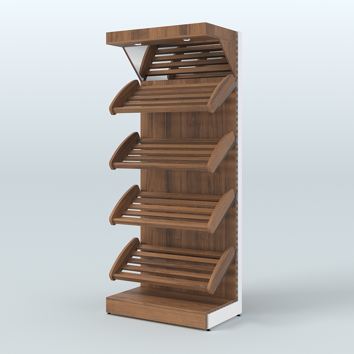 Стеллаж для продажи хлеба и выпечки с полками - корзинами и верхним зеркальным фризом СХФ-01 Орех