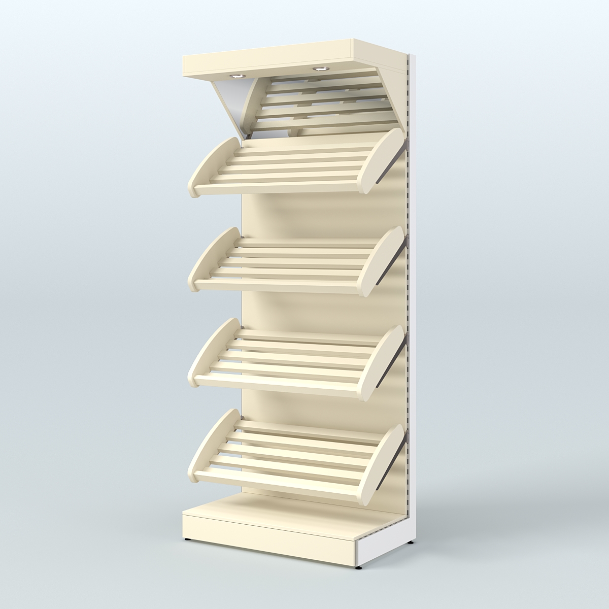 Стеллаж для продажи хлеба и выпечки с полками - корзинами и верхним зеркальным фризом СХФ-01 Крем Вайс