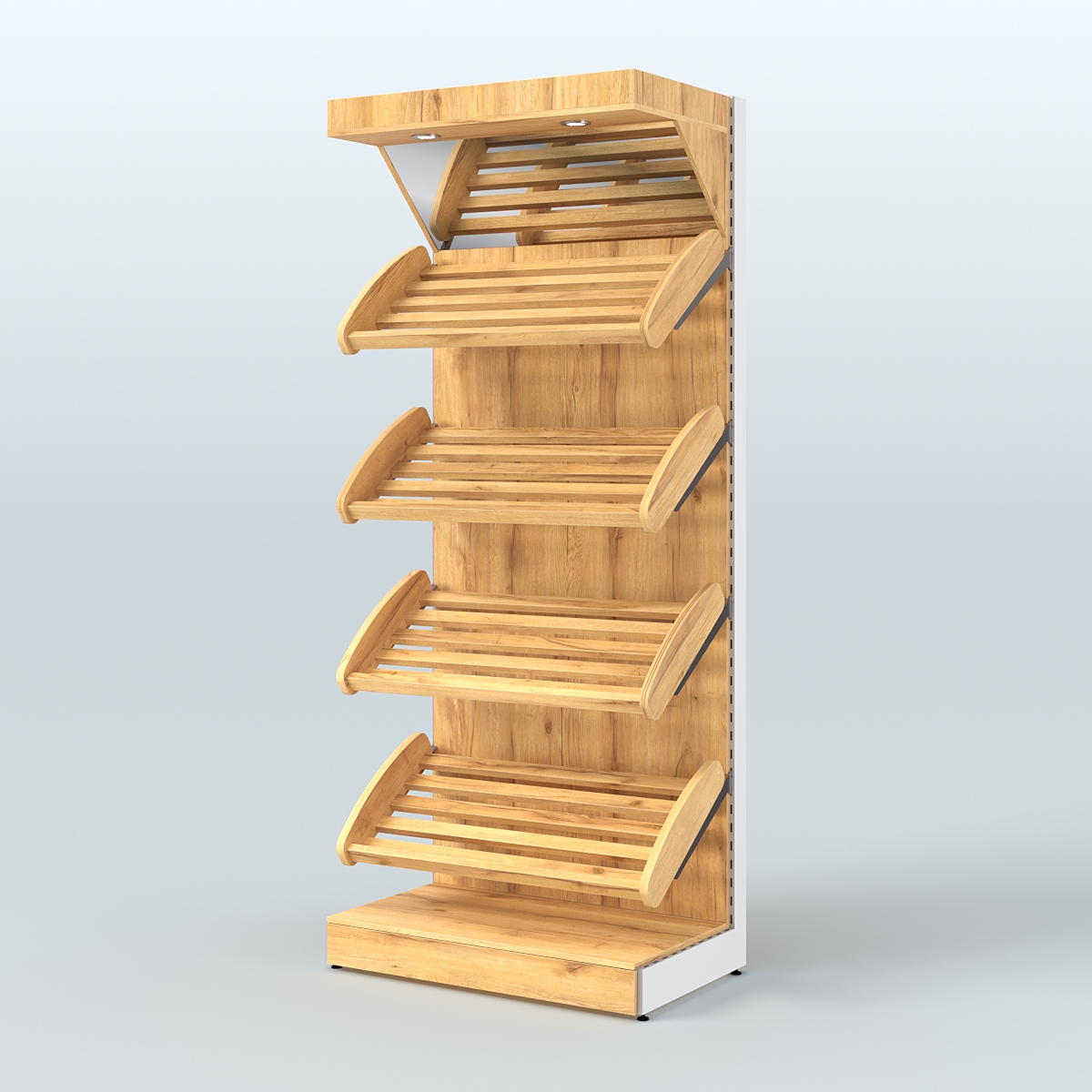 Стеллаж для продажи хлеба и выпечки с полками - корзинами и верхним зеркальным фризом СХФ-01 Дуб Золотистый