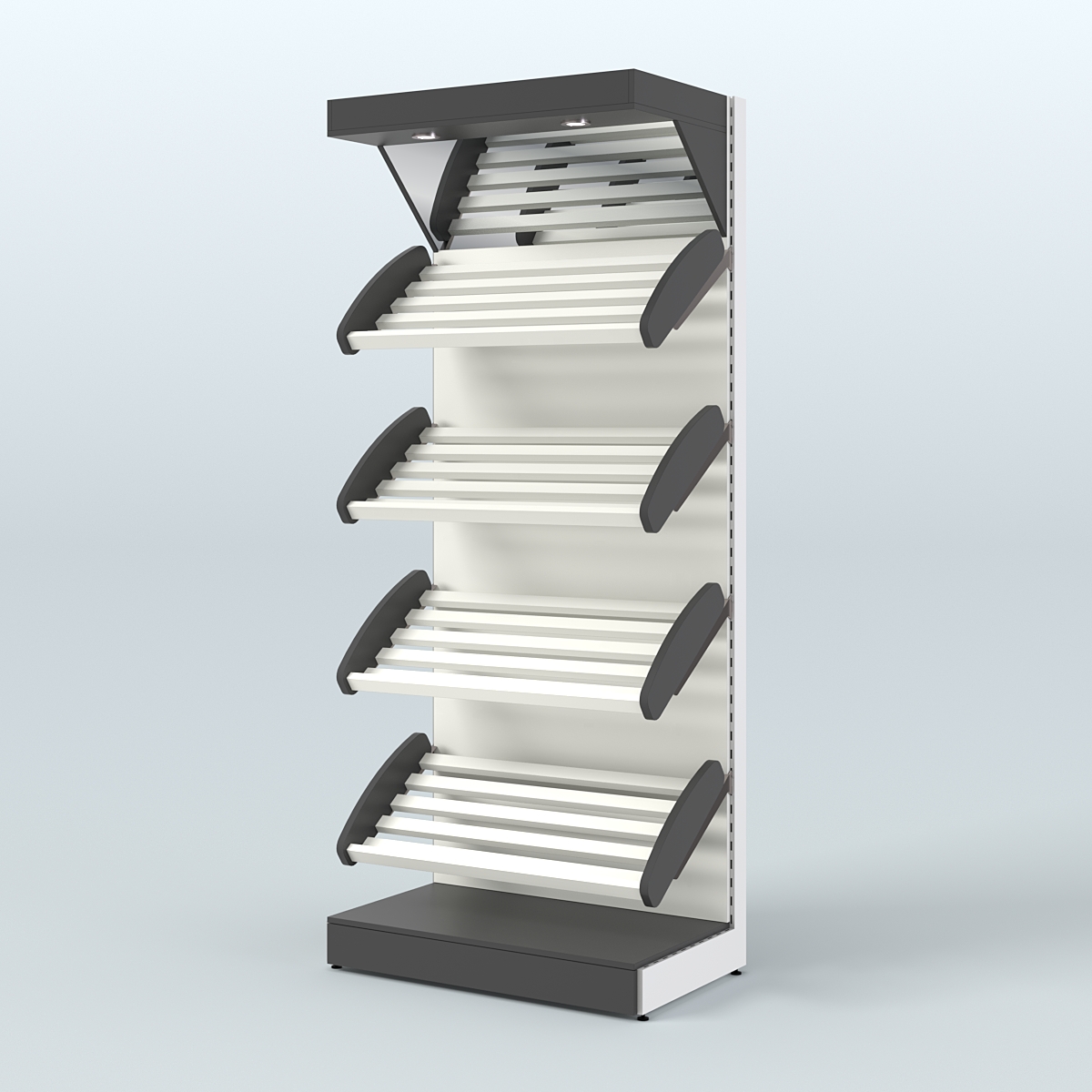 Стеллаж для продажи хлеба и выпечки с полками - корзинами и верхним зеркальным фризом СХФ-01 Черный и Белый